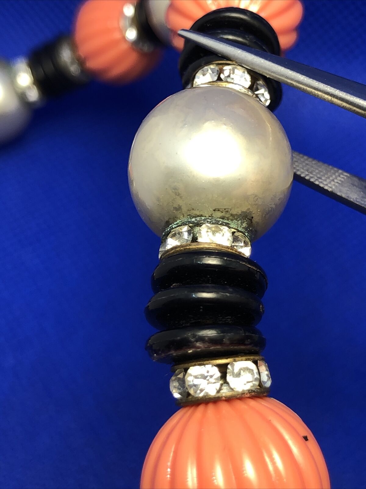 1970's Faux Pearl Onyx Coral Rhinestone Beaded Statement Necklace