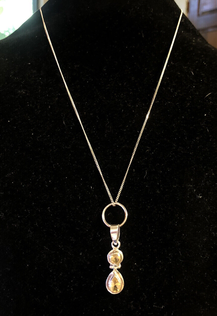 925 Sterling Silver Round Pear Yellow Citrine Pendant Chain Necklace