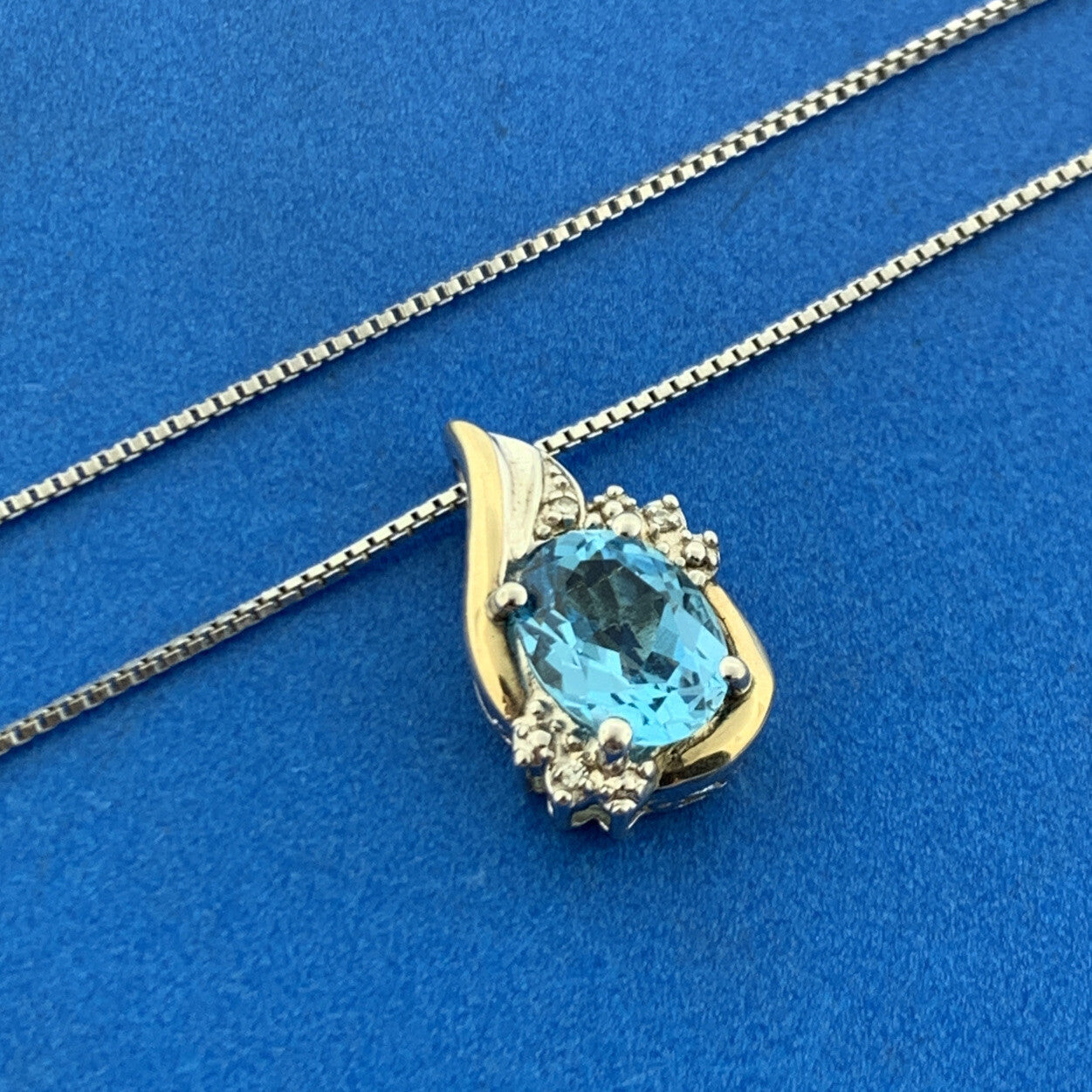 Designer Sterling Silver 10K Yellow Gold Blue Topaz Solitaire Diamond Necklace