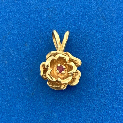 Vintage 14K Yellow Gold Ruby Rose Flower Petite Charm Pendant