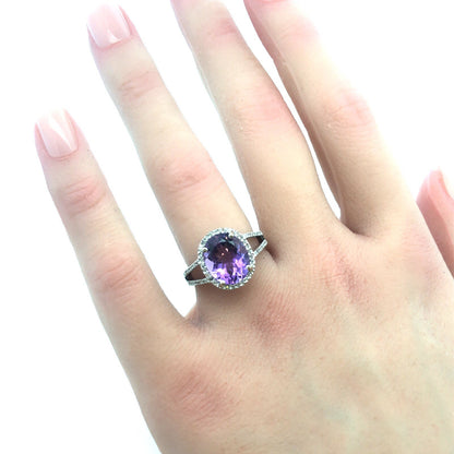 Designer 14K White Gold Oval Amethyst Diamond Halo Wedding Engagement Ring
