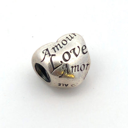 Retired PANDORA 925 Sterling Silver Language of Love Amore Heart Charm 791111