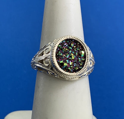 Estate 925 Sterling Silver Drusy Quartz Scroll Open Work Cocktail Ring