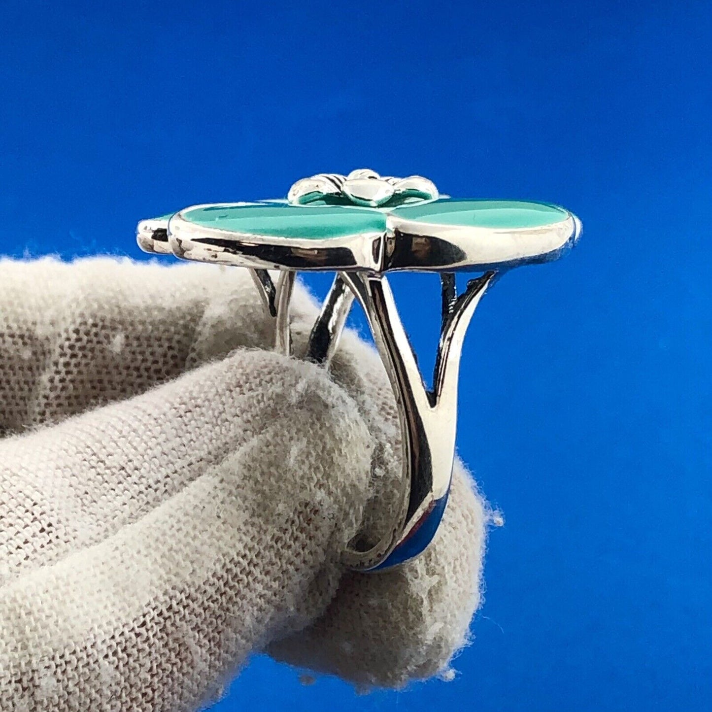 Premier Designs Silver Plate Turquoise Aqua Enamel Flower Statement Ring NIB