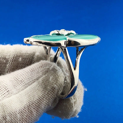 Premier Designs Silver Plate Turquoise Aqua Enamel Flower Statement Ring NIB