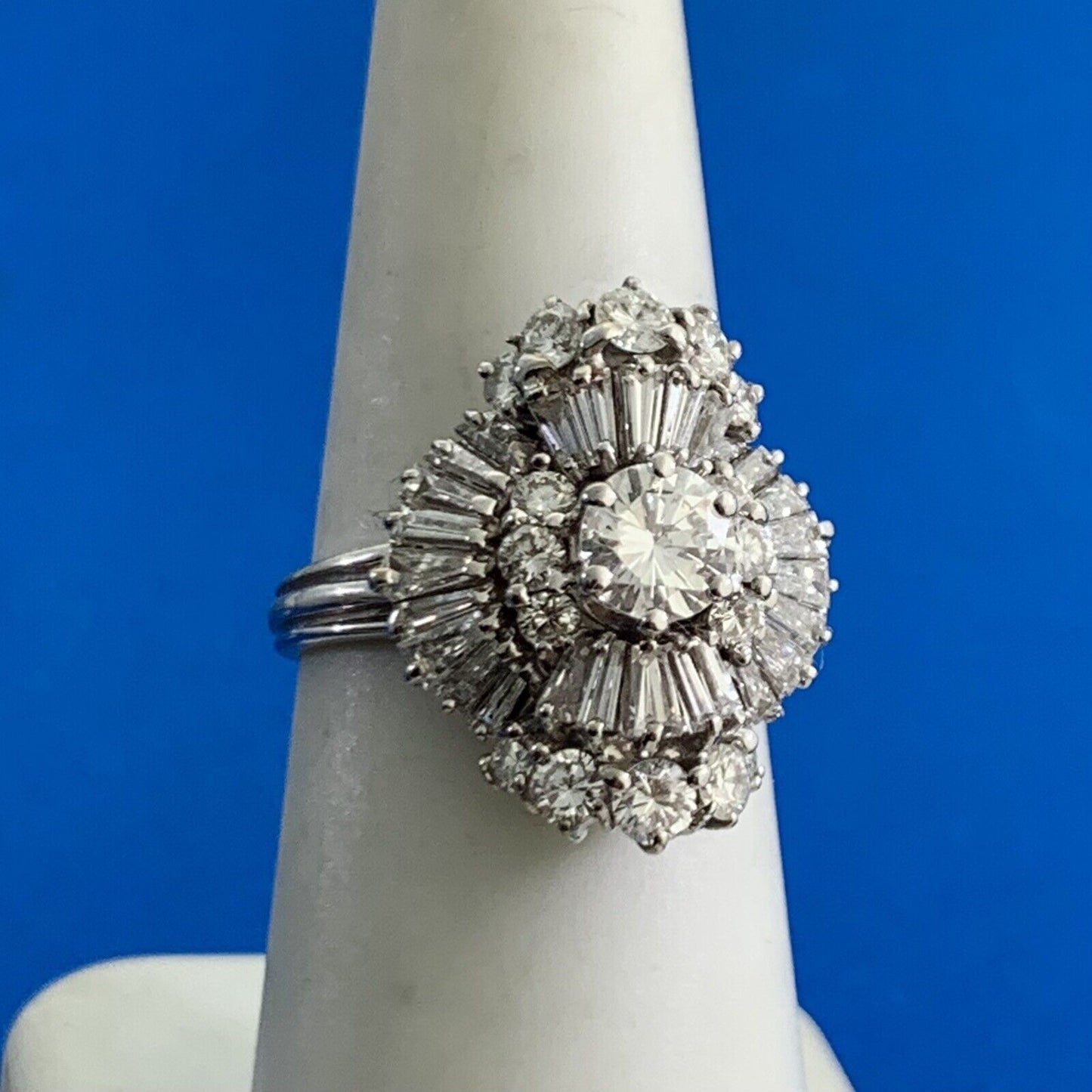 Estate 14K White Gold Round Diamond Center Waterfall Wave Accented Cocktail Ring