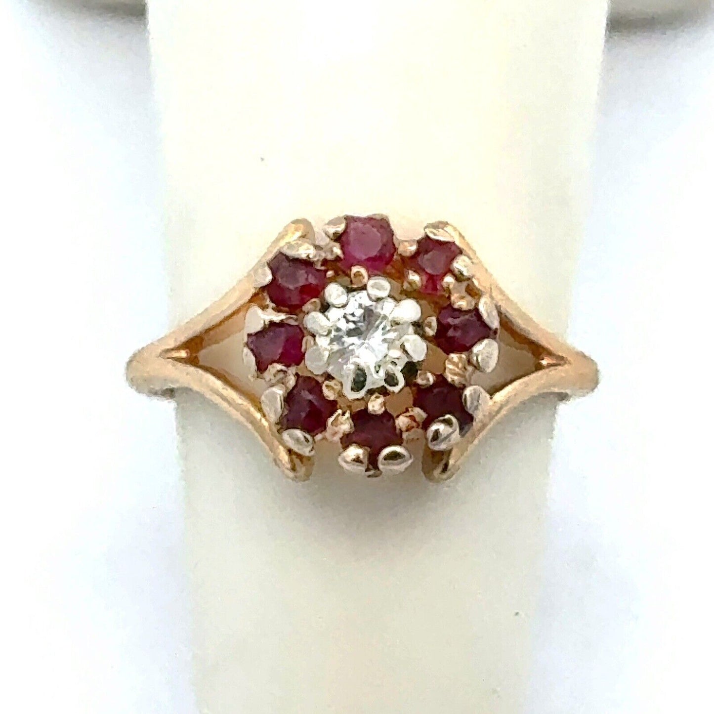 Designer 14K Yellow Gold Diamond Ruby Floral Flower Cocktail Ring