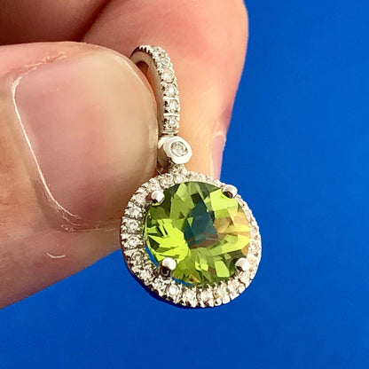 14k White Gold Peridot Pendant Diamond Halo Accents August Anniversary Pendant