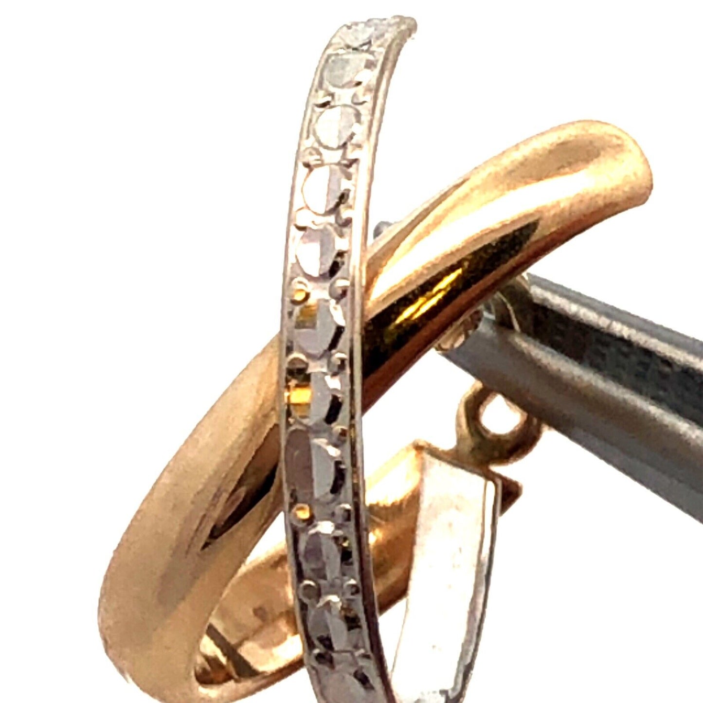 Designer 14K Yellow White Gold Textured X Criss Cross Two Tone Hoop Earrings