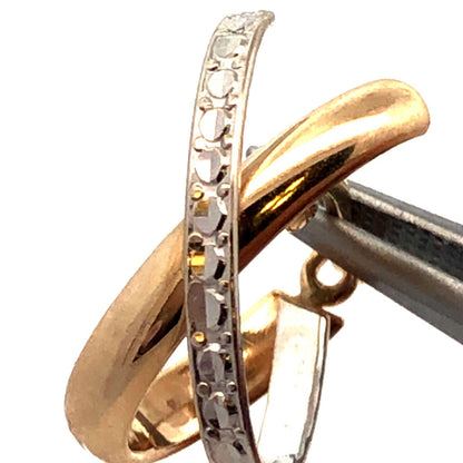 Designer 14K Yellow White Gold Textured X Criss Cross Two Tone Hoop Earrings