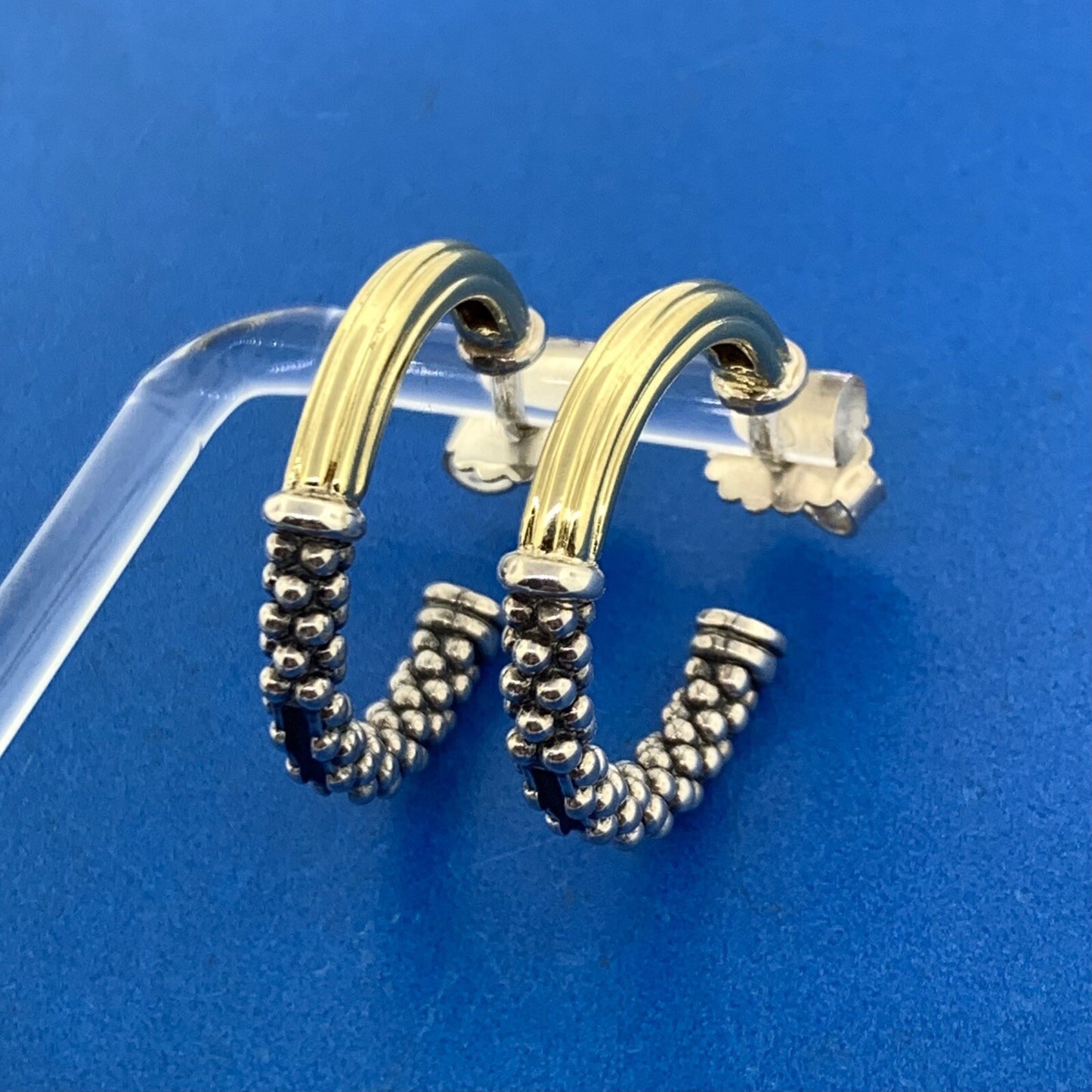 Lagos Caviar 925 Sterling Silver 18K Yellow Gold Two Toned Hoop Earrings