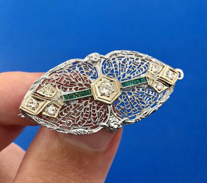 Art Deco 14K White Gold Diamond Emerald Floral Filigree Bar Pin Brooch Pendant