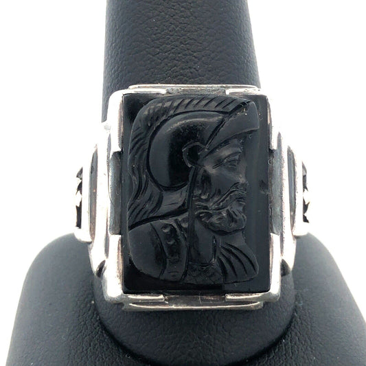 Designer G 925 Sterling Silver Carved Black Onyx Viking Roman Soldier Mens Ring