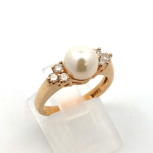 Designer 14K Yellow Gold Pearl Solitaire Round Diamond Accent Cocktail Ring