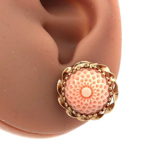 Vintage 14K Yellow Gold Carved Textured Peach Pink Coral Dome Stud Earrings