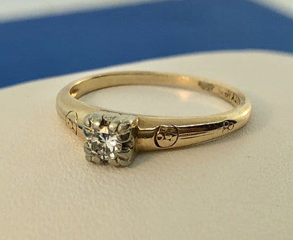 Vintage Fidelity 14K Yellow White Gold Solitaire Engagement Bridal Promise Ring