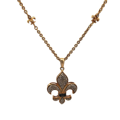 925 Sterling Silver Gold Vermeil Round Diamond Fleur De Lis Necklace