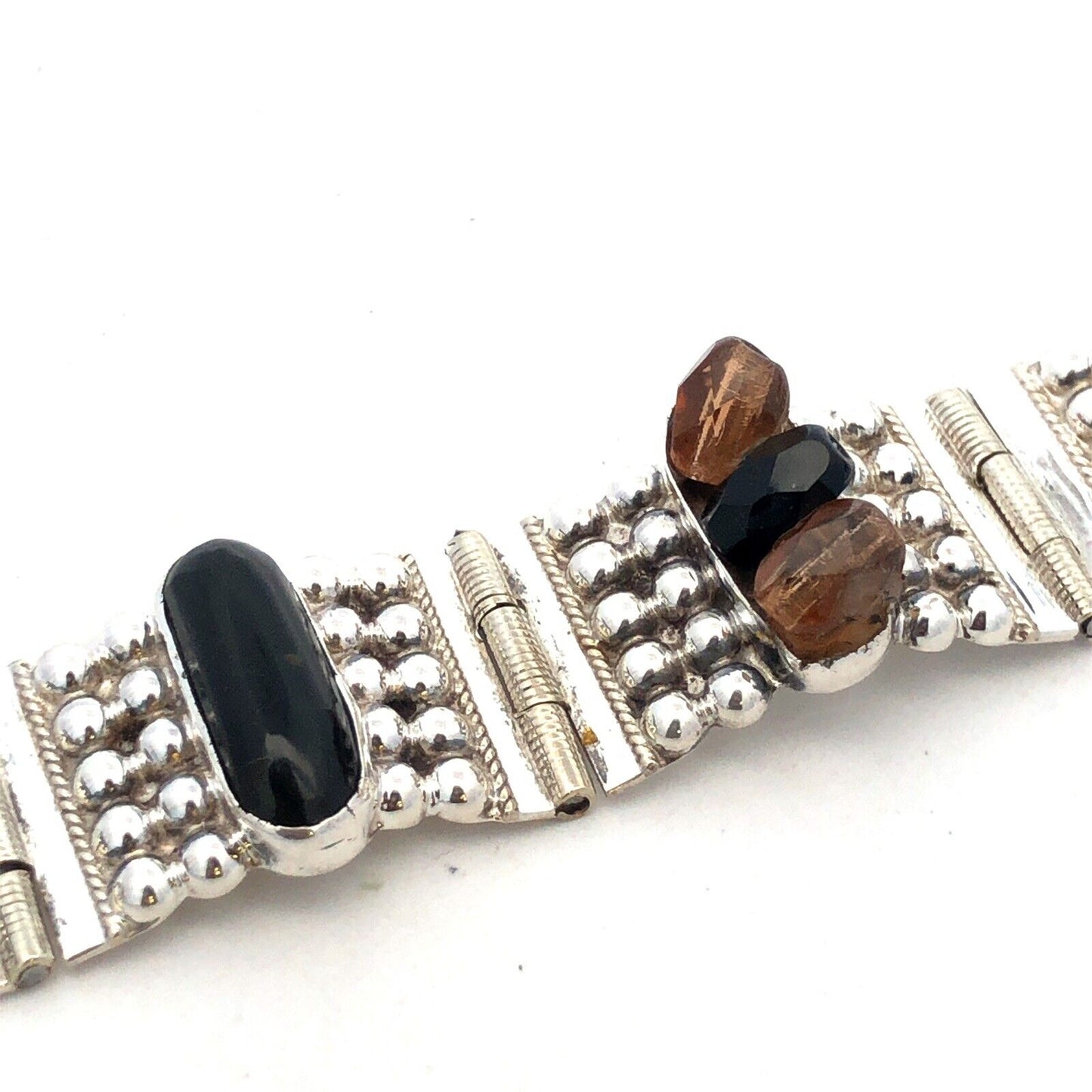 Modernitst Taxco Sterling Silver Oval Black Onyx Cabochon Beaded Panel Bracelet