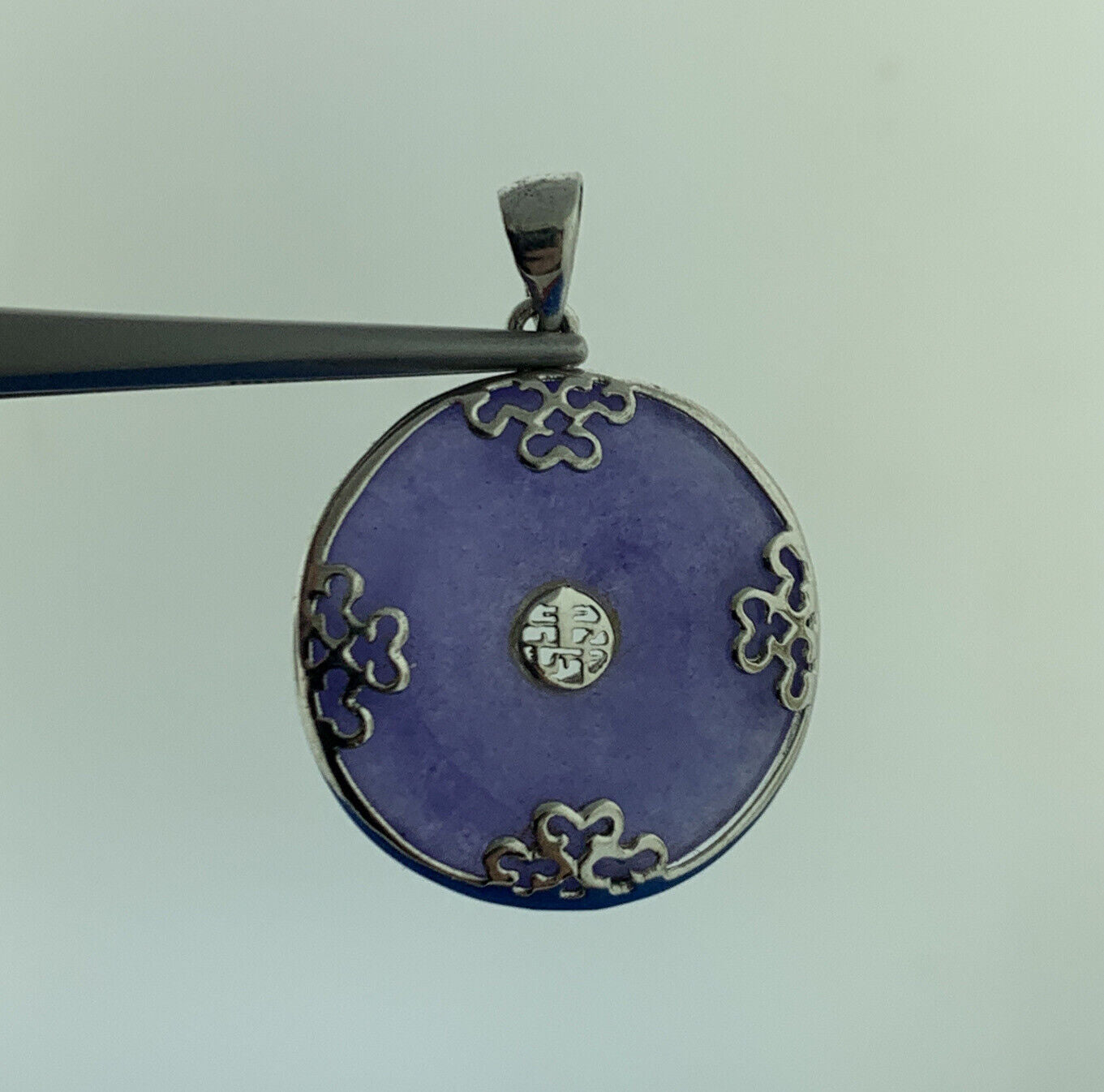 Chinese Export 925 Sterling Silver Lavender Long Life Statement Disc Pendant