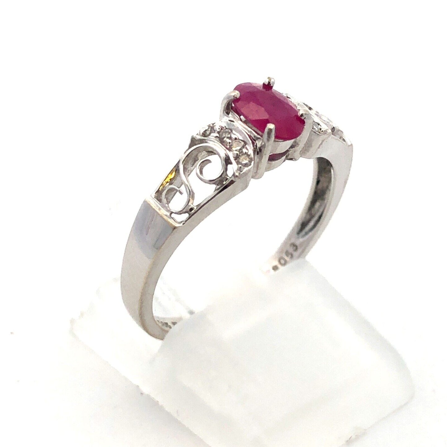 Designer F. Lau 14K White Gold Oval Ruby Diamond Accents Anniversary Ring