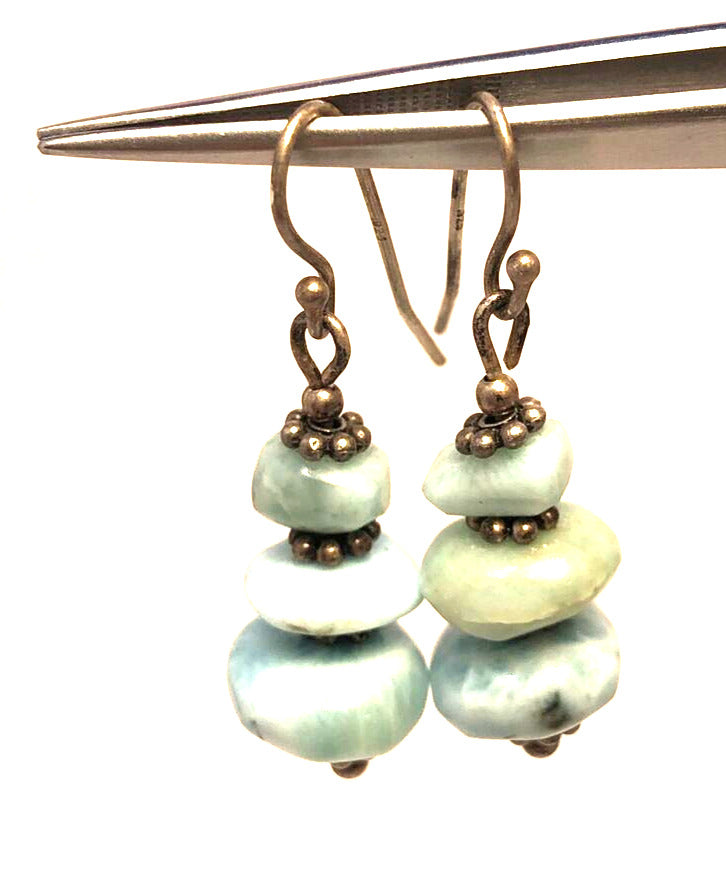 Estate 925 Sterling Silver Blue Larimar Beaded Hook Dangle Earrings