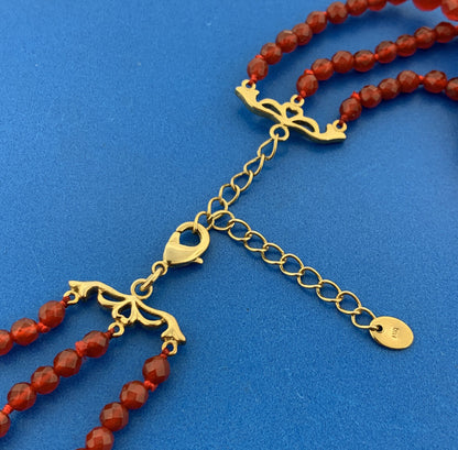 Designer Gold Tone Faceted Polished Carnelian Beads Graduated 3 Strand Necklace