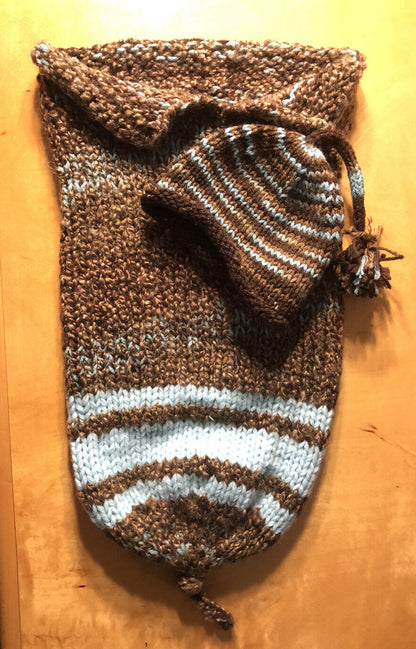 Hand Crocheted Knitted Blue Brown Newborn Baby's Two Piece Pod Hat Photography