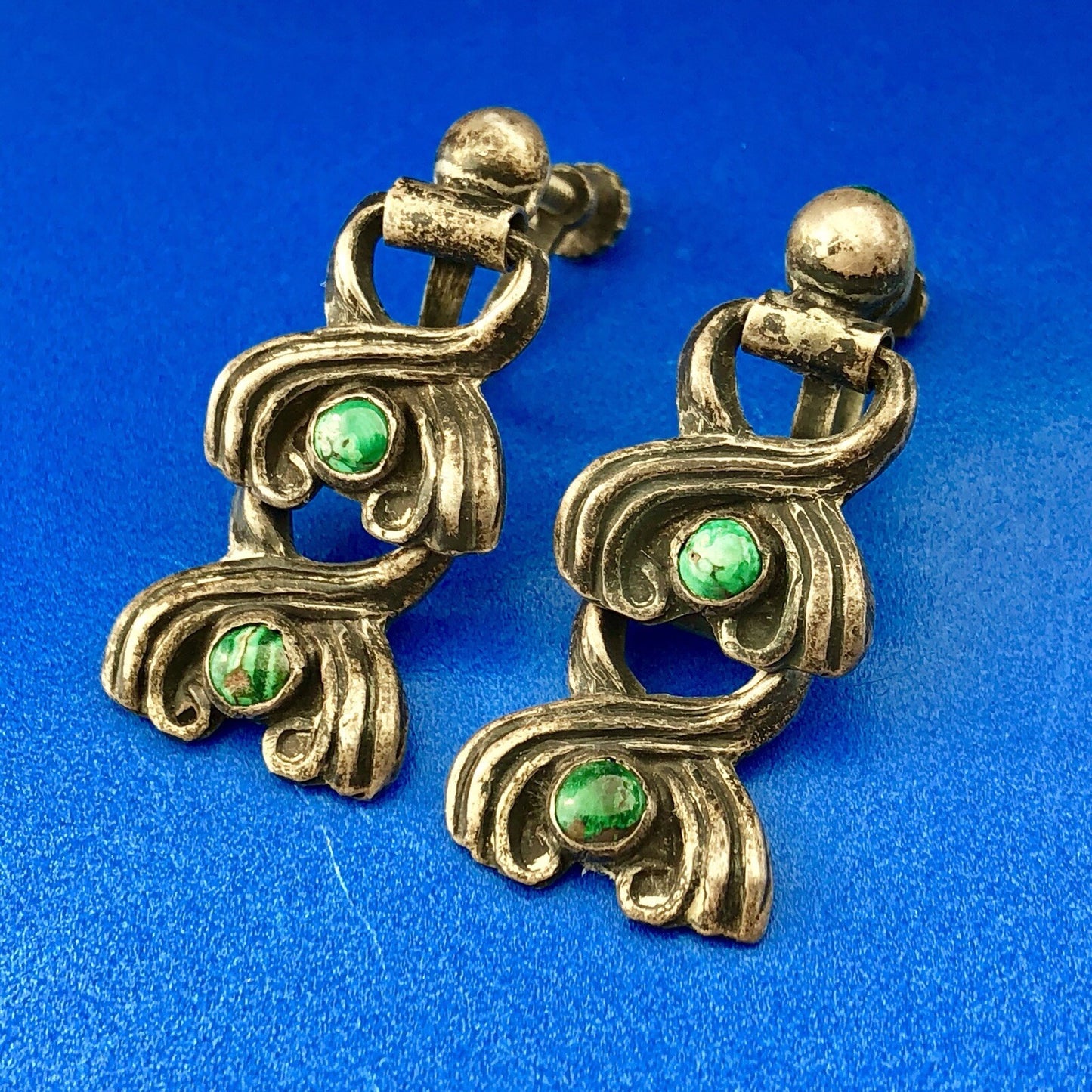 Mid Century Taxco Silver 925 Malachite Double Drop Screw Back Earrings-Patina!