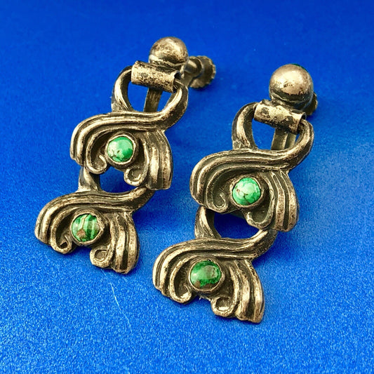 Mid Century Taxco Silver 925 Malachite Double Drop Screw Back Earrings-Patina!