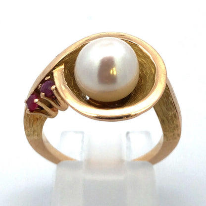 Modernist 14K Yellow Gold Pearl Ruby Accent Statement Cocktail Ring