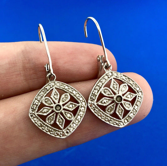 Designer Sterling Silver 925 Diamond Snowflake Flower Cluster Dangle Earrings