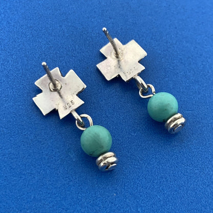 Adorable 925 Sterling Silver Turquoise Bead Cross Dangle Stud Earrings