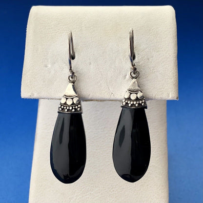 Modernist 925 Sterling Silver Black Resin Pear Beadwork Drop Dangle Earrings