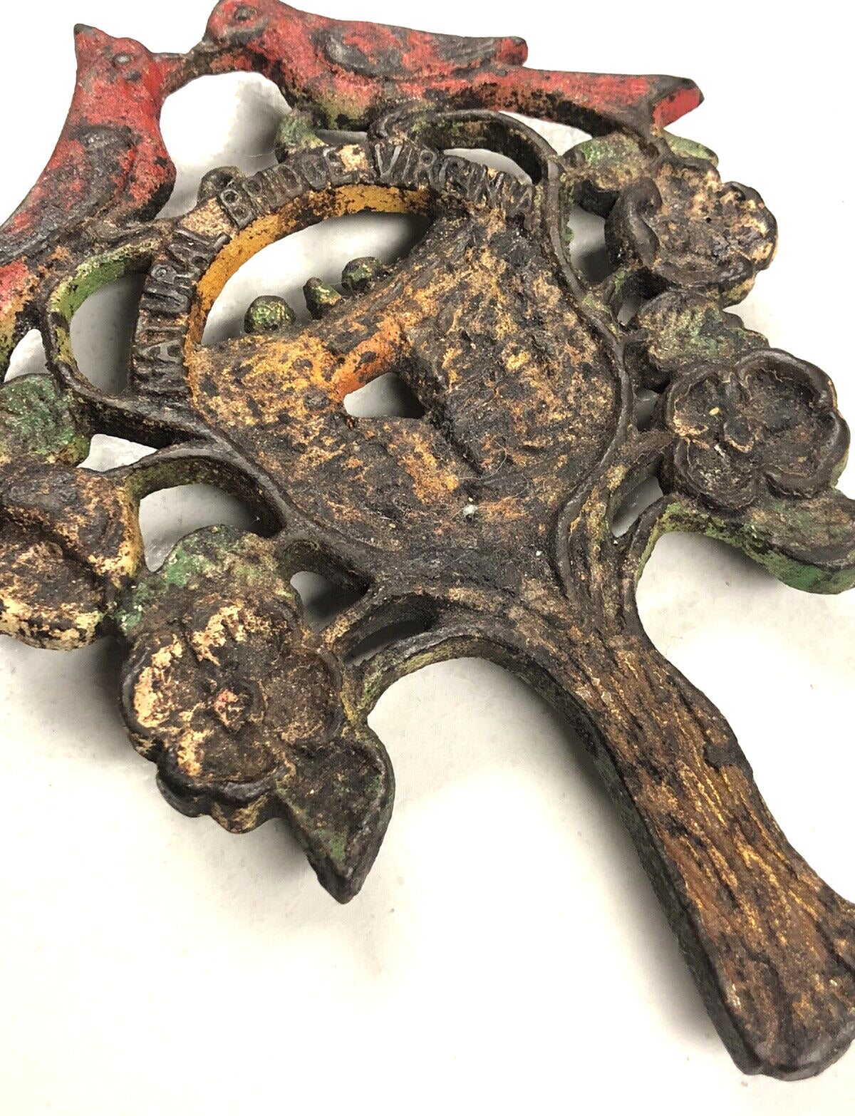 Vintage Painted Cast Iron Natural Bridge Va Red Bird Tree Rustic Hot DishTrivet