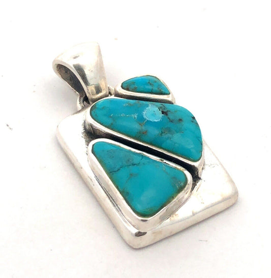 Estate 925 Sterling Silver Turquoise Cabochon Bezel Rectangle Statement Pendant
