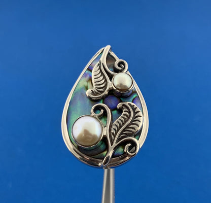 Vintage Merav 925 Sterling Silver Abalone Pearl Vine Leaf Design Statement Ring