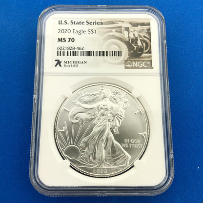 2020 U.S. State Series $1 American Silver Eagle NGC Mint State 70 Michigan Auto