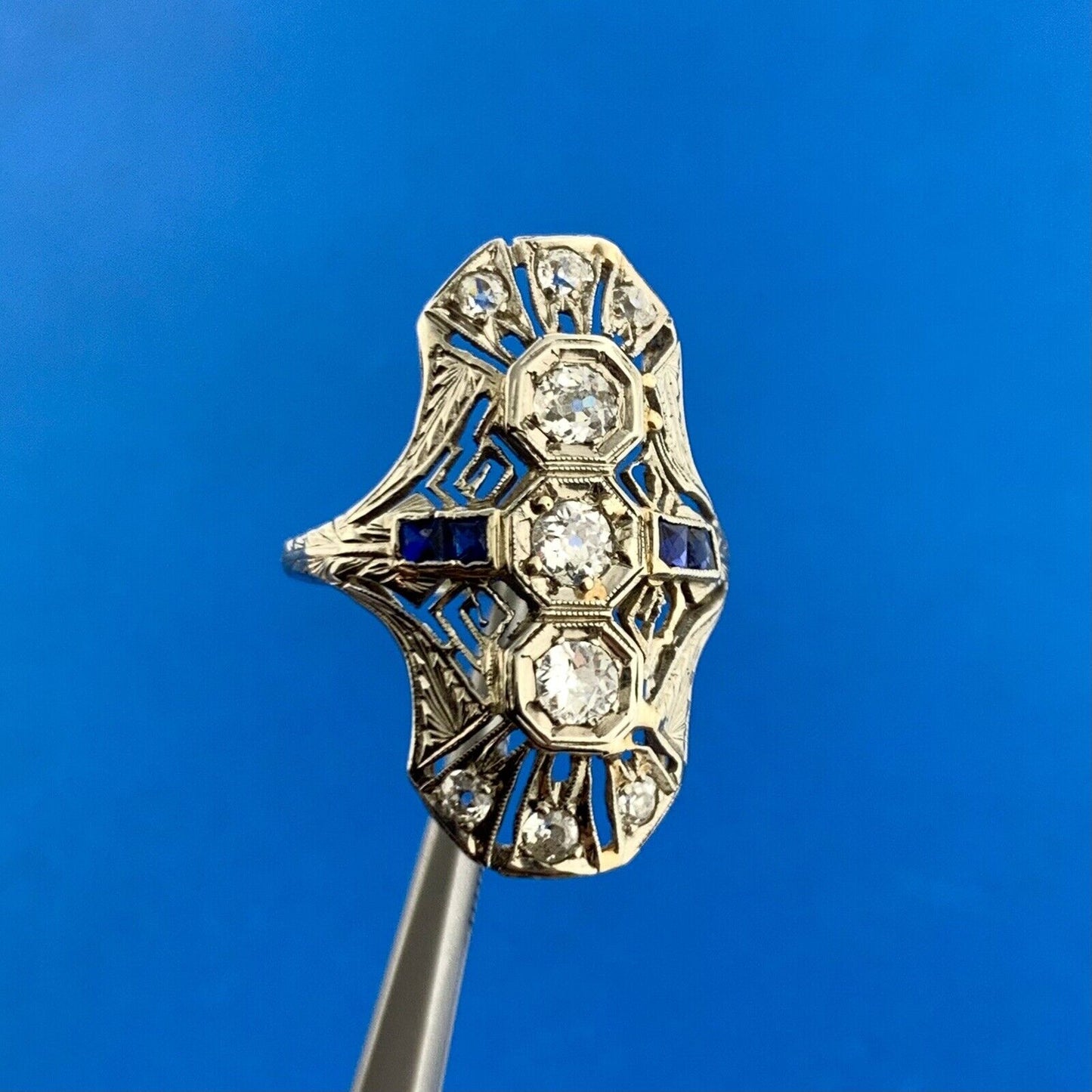 Art Deco Art Nouveau 18K White Gold Diamond Sapphire Filigree Statement Ring