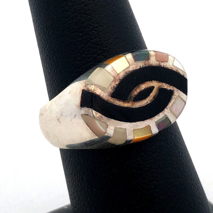 Estate 925 Sterling Silver Black Onyx Mother of Pearl Inlay Oval Signet Ring