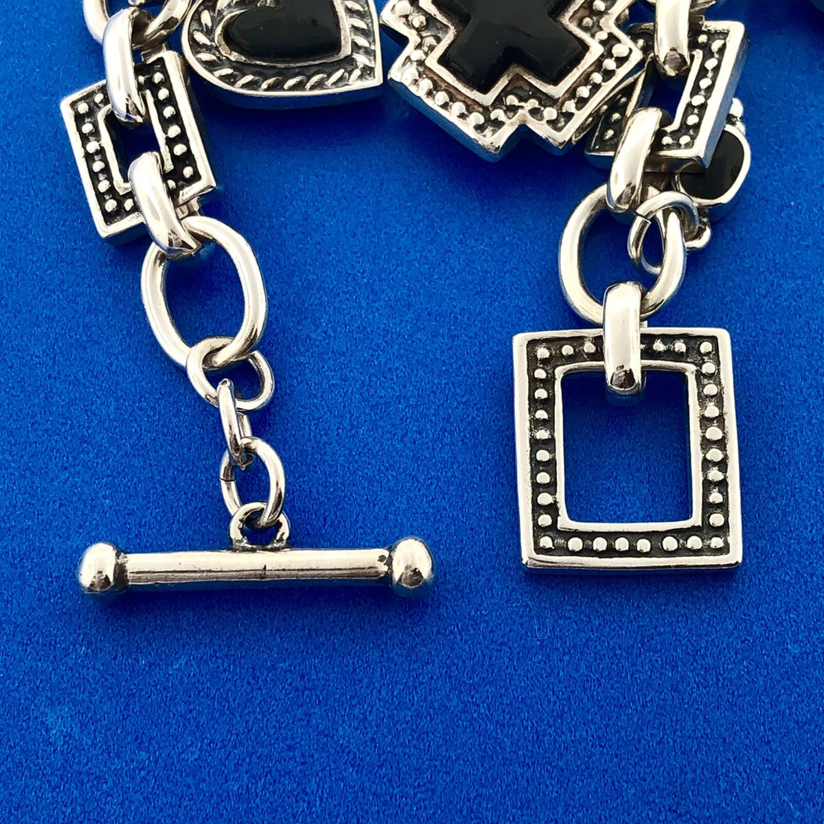 Vintage Mexico 925 Sterling Silver Black Onyx Heart Cross Toggle Charm Bracelet