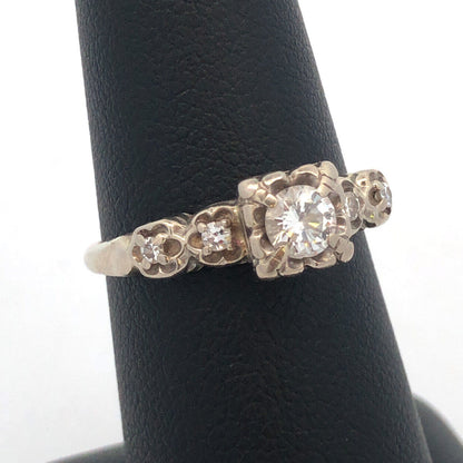 Vintage 14K White Gold Diamond Solitaire W/Accents Engagement Ring