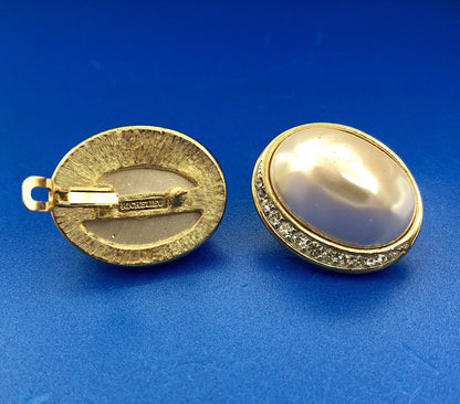 Vintage Richelieu Gold Tone Mabe Pearl Rhinestone Statement Stud Earrings