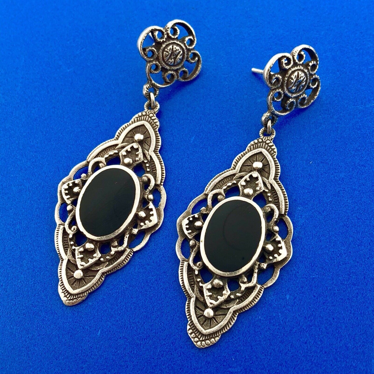 Retro 925 Sterling Silver Black Onyx Scroll Dangle Drop Earrings