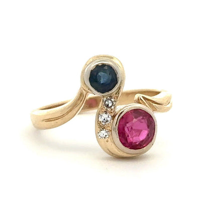 Vintage Custom 14K Yellow Gold Round Blue Sapphire Ruby Diamond Bypass Ring