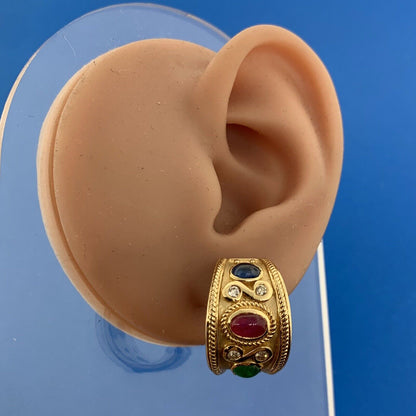 14K Yellow Gold Ruby Sapphire Emerald Diamond Statement Omega Back Earrings