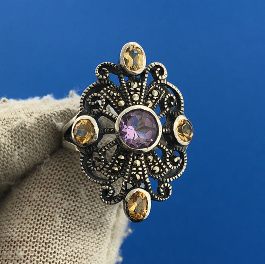 Designer Vintage 925 Sterling Silver Amethyst Citrine Marcasite Statement Ring
