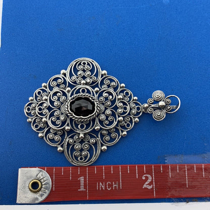 Designer Austria Sterling Silver Garnet Filigree Beaded Scroll Statement Pendant