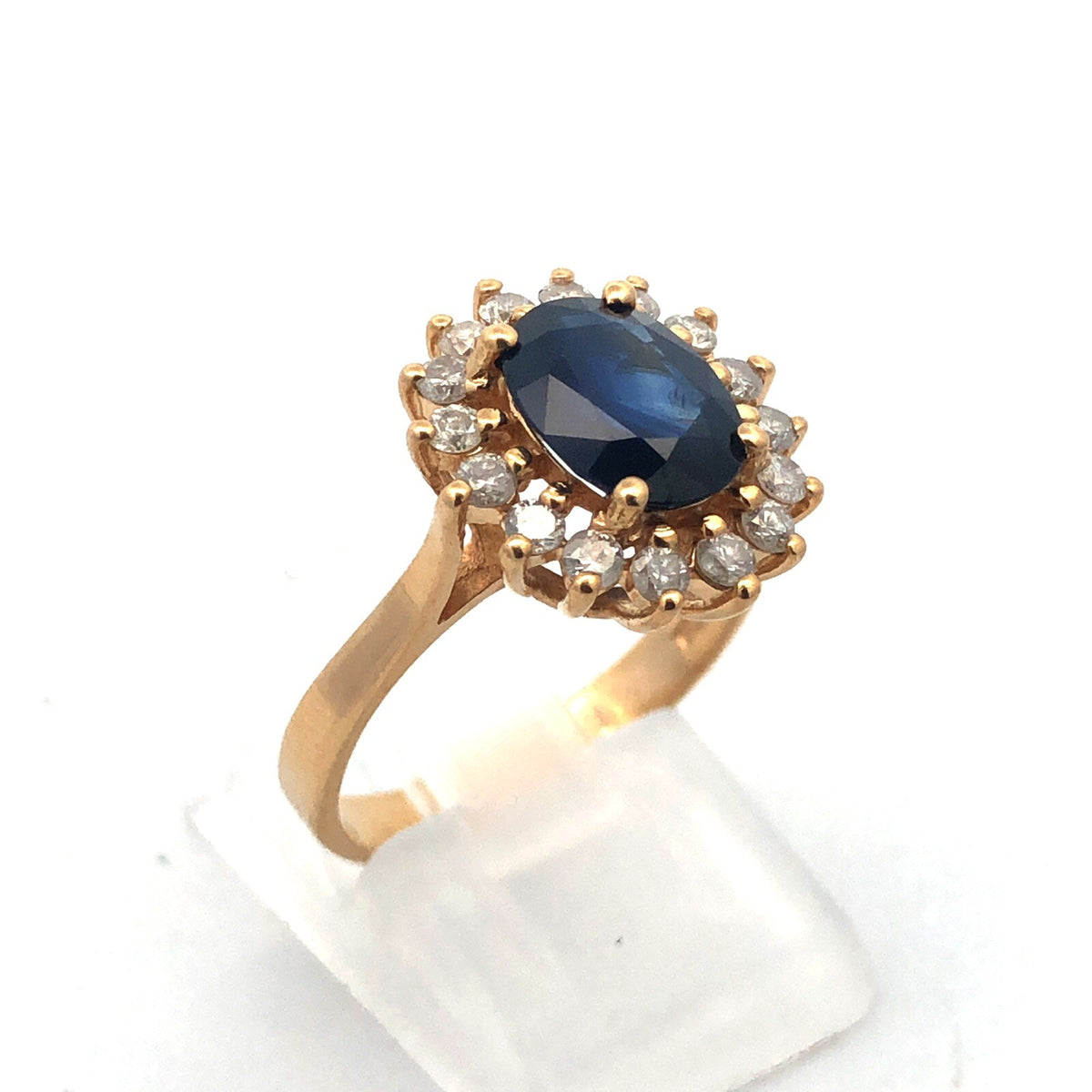 Designer 14K Yellow Gold Oval Blue Sapphire Diamond Halo Statement Cocktail Ring