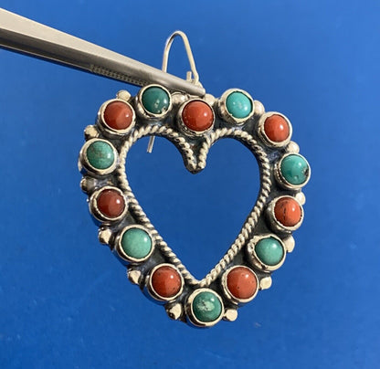 Artisan Leo Feeney Sterling Silver Turquoise Coral Open Heart Dangle Earrings