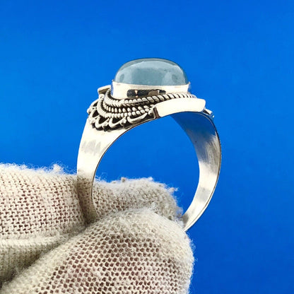 Estate 925 Sterling Silver Oval Blue Opal Filigree Beadwork Finger Ring